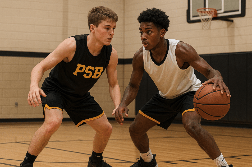 Youth basketball players doing top 5 drills for individual skill development in a gym